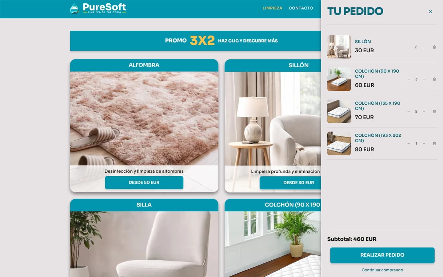 Cart sidebar with selected services and subtotal